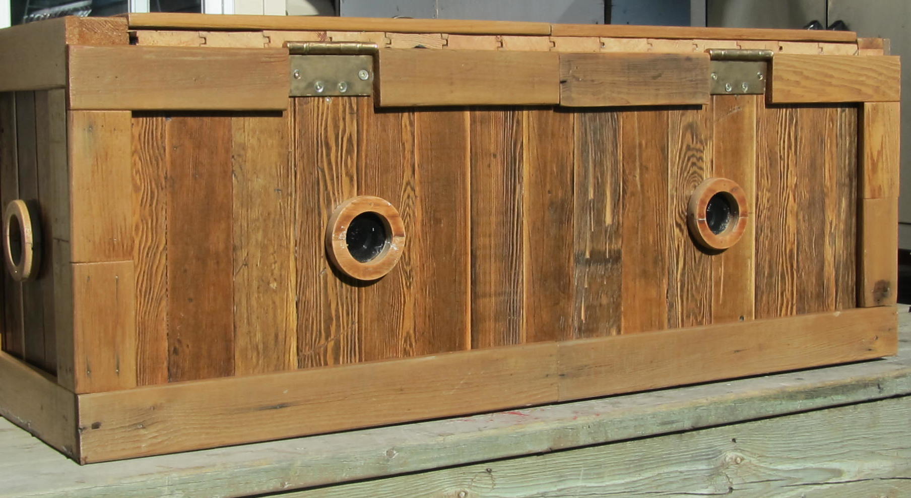 The hinges were off an old door I took out years ago and i have hung onto for some reason. It took about an hour to clean the paint and corrosion of them, but I finally found a use. The fun and beautiful part of building with recycled material.